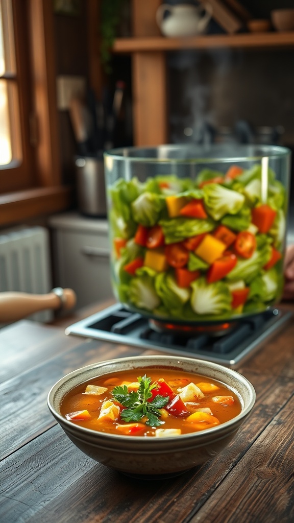 A pot of cabbage soup filled with vegetables on a stove with a bowl of soup on a wooden table.